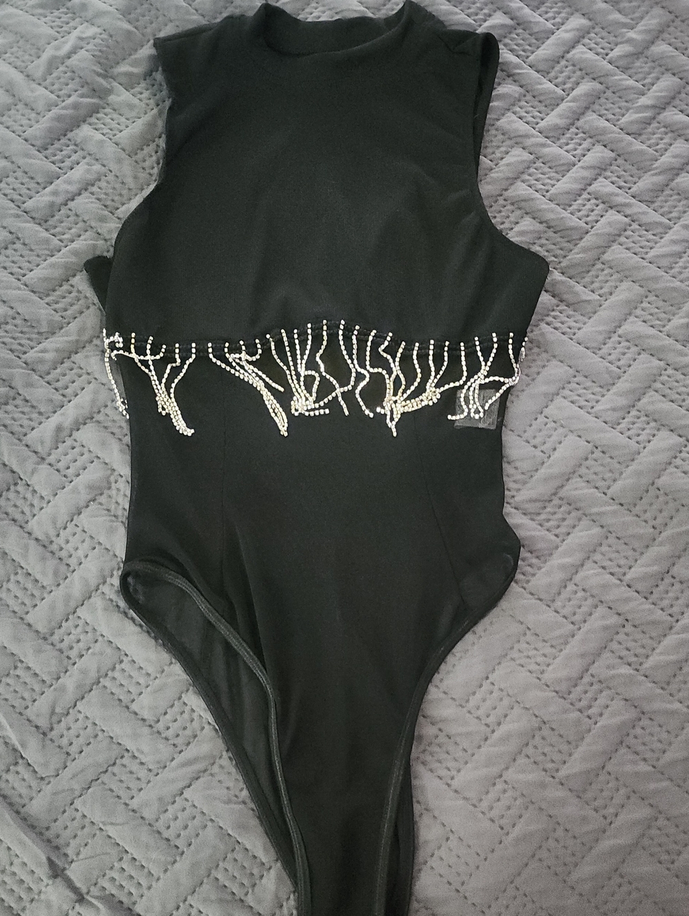 SHEIN Black One-Piece Bodysuit with Pearl Fringe
